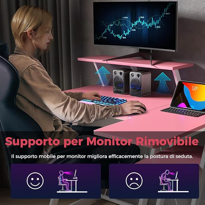 Scrivania Angolare Salvaspazio, Scrivania da Gaming con Prese, Porte USB, Ripiano per Monitor, Gancio per Cuffie, Ripiano e Supporto per CPU, Scrivania ad Angolo per Casa e Ufficio (Rosa)