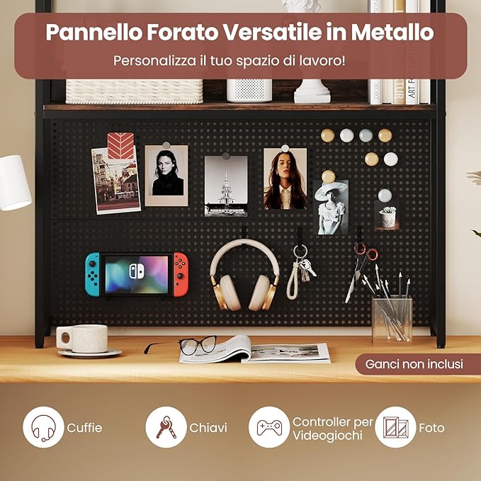 Libreria da Scrivania a 2 Livelli, Scaffale da Tavolo Industriale per Monitor di Computer Fino a 32", Organizzatore di Stoccaggio con Pegboard, per Dormitorio Ufficio e Casa, 94x27x103 cm