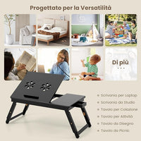 Vassoio per Laptop con Gambe Regolabili e Piano di Dissipazione Termica Inclinabile, Tavolino da Letto Pieghevole con Cassetto Portaoggetti per Leggere, Scrivere e Mangiare (Marrone)
