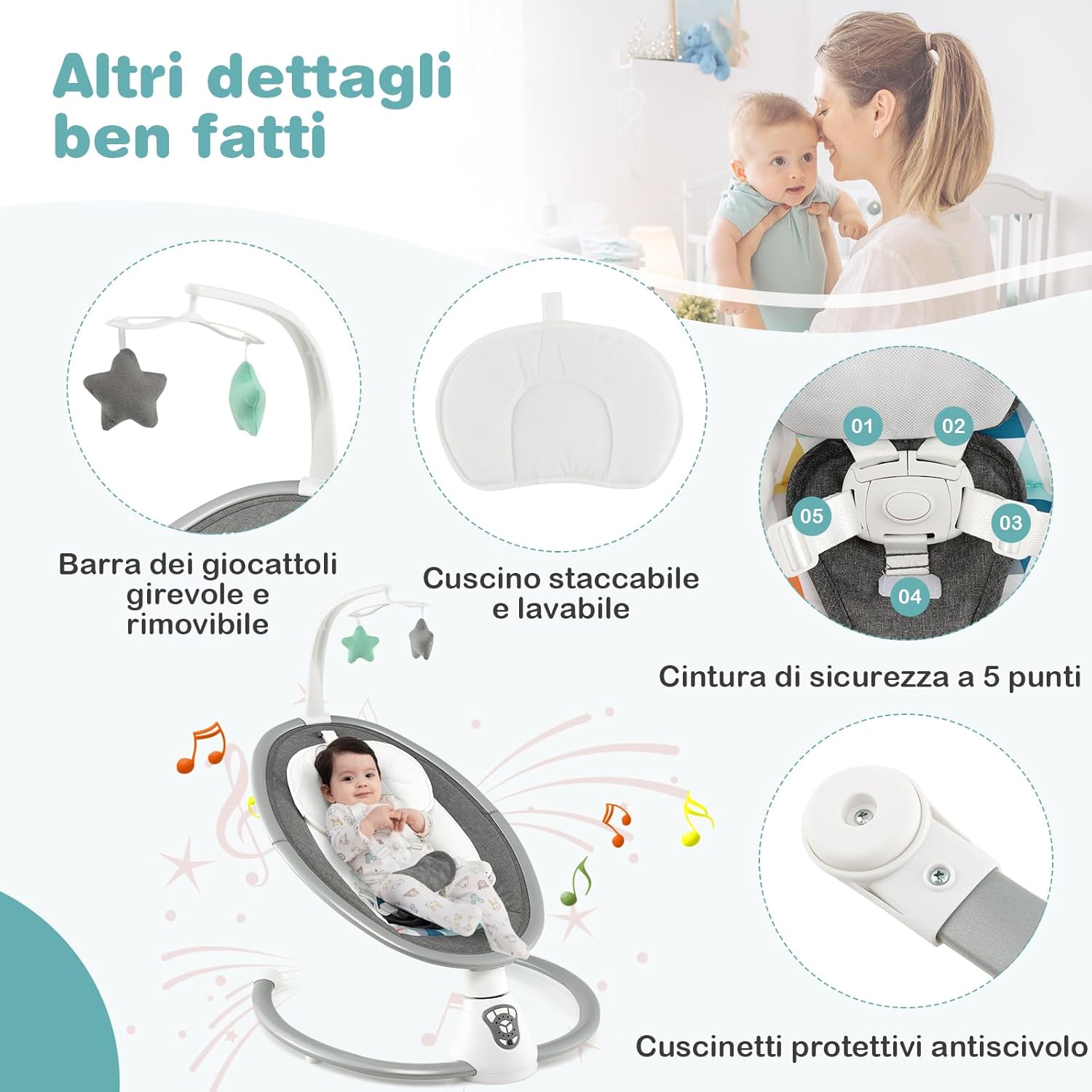 Sdraietta Elettrica Neonati con 12 Melodie e Cuscino Riduttore, 5 Livelli di Dondolante (Velocità e Dondolante), Caricabatterie USB, Telecomando, Cinture di Sicurezza (GRIGIO)