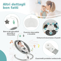 Sdraietta Elettrica Neonati con 12 Melodie e Cuscino Riduttore, 5 Livelli di Dondolante (Velocità e Dondolante), Caricabatterie USB, Telecomando, Cinture di Sicurezza (GRIGIO)