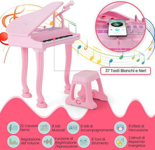 Pianoforte Elettronico per Bambini a 37 Tasti con Microfono e Sgabello, Tastiera Digitale Pianoforte a Coda Giocattolo Multifunzionale Portatile, Funzione di Registrazione e Riproduzione ,Rosa