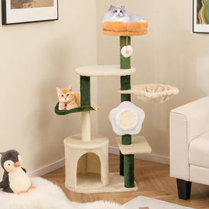 Tiragraffi per Gatto Alto 114 cm Forma di Fiore, Albero Tiragraffi Gatto con Amaca, Grotta e Palla Pompon, Torre Tiragraffi per Gatti con Pali e Tavola in Sisal, Verde e Beige