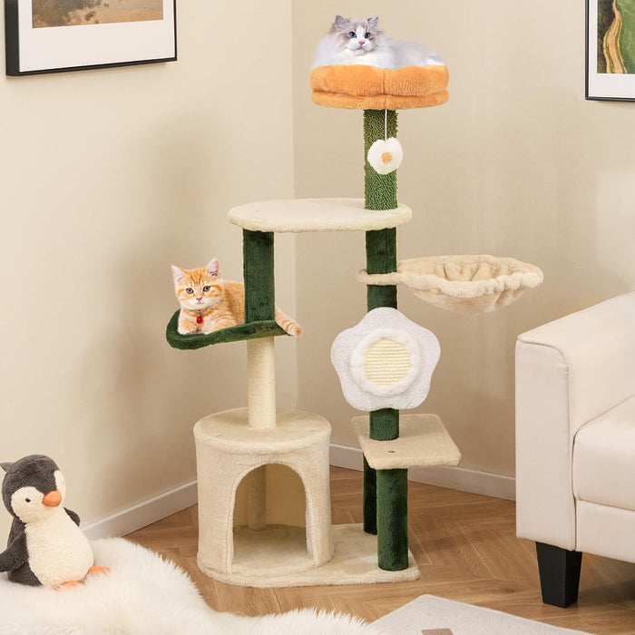 Tiragraffi per Gatto Alto 114 cm Forma di Fiore, Albero Tiragraffi Gatto con Amaca, Grotta e Palla Pompon, Torre Tiragraffi per Gatti con Pali e Tavola in Sisal, Verde e Beige