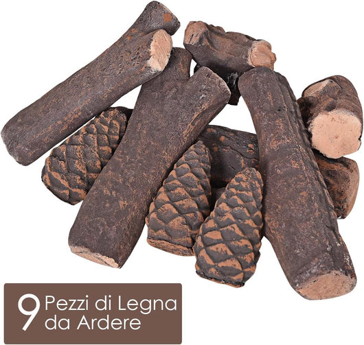 Set di 9 Tronchi per Caminetto a Gas, Tronchi in Ceramica per Caminetti a Gas, Tronchi Artificiali per Caminetti Interni ed Esterni