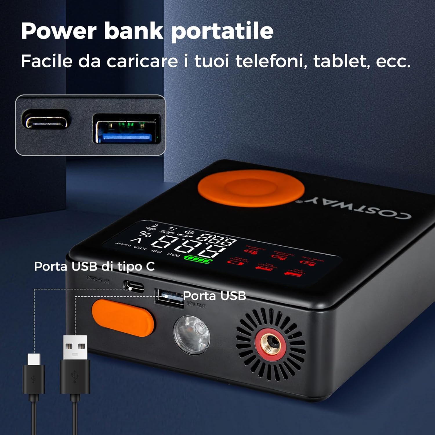 Avviatore di Emergenza con Compressore Aria, 2000A Avviatore di Batteria per Auto 12V con Gonfiatore Digitale da 150 PSI, 13000 mAh, Batteria al Litio Portatile con Schermo LED