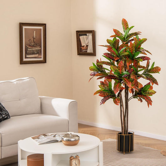 Pianta Finta di Croton 150 cm, Albero Artificiale da Interno ed Esterno, Pianta Tropicale in Vaso con Foglie Sfumate Finte, Ideale per Casa e Ufficio