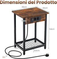 Set di 2 Comodini con Stazione di Ricarica, 2 Tavolini Laterali per Letto e Divano con Ripiano Aperto, Tavolino da Estremità a 2 Livelli con Telaio in Metallo e Porte USB e Prese