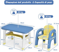 Set Tavolo e Sedia per Bambini con Forma di Dinosauro, Set Scrivania Attività Artistiche e Studio per Bambini, Ideale per Bambini 1-5 Anni, Blu