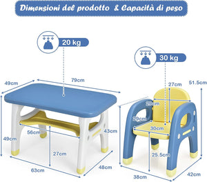 Set Tavolo e Sedia per Bambini con Forma di Dinosauro, Set Scrivania Attività Artistiche e Studio per Bambini, Ideale per Bambini 1-5 Anni, Blu