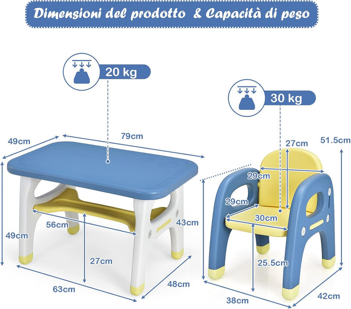 Set Tavolo e Sedia per Bambini con Forma di Dinosauro, Set Scrivania Attività Artistiche e Studio per Bambini, Ideale per Bambini 1-5 Anni, Blu