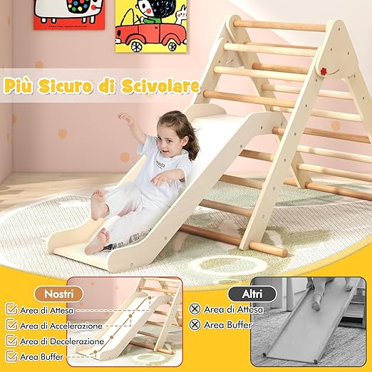 3 in 1 Arrampicata Giocattolo a Triangolo per Bambini, Set di Arrampicata con Rampa di Scivolo a 2 Lati e Inclinazione Regolabile, Arrampicatore per Bambini 1 Anno+ (Stile 2 Naturale)