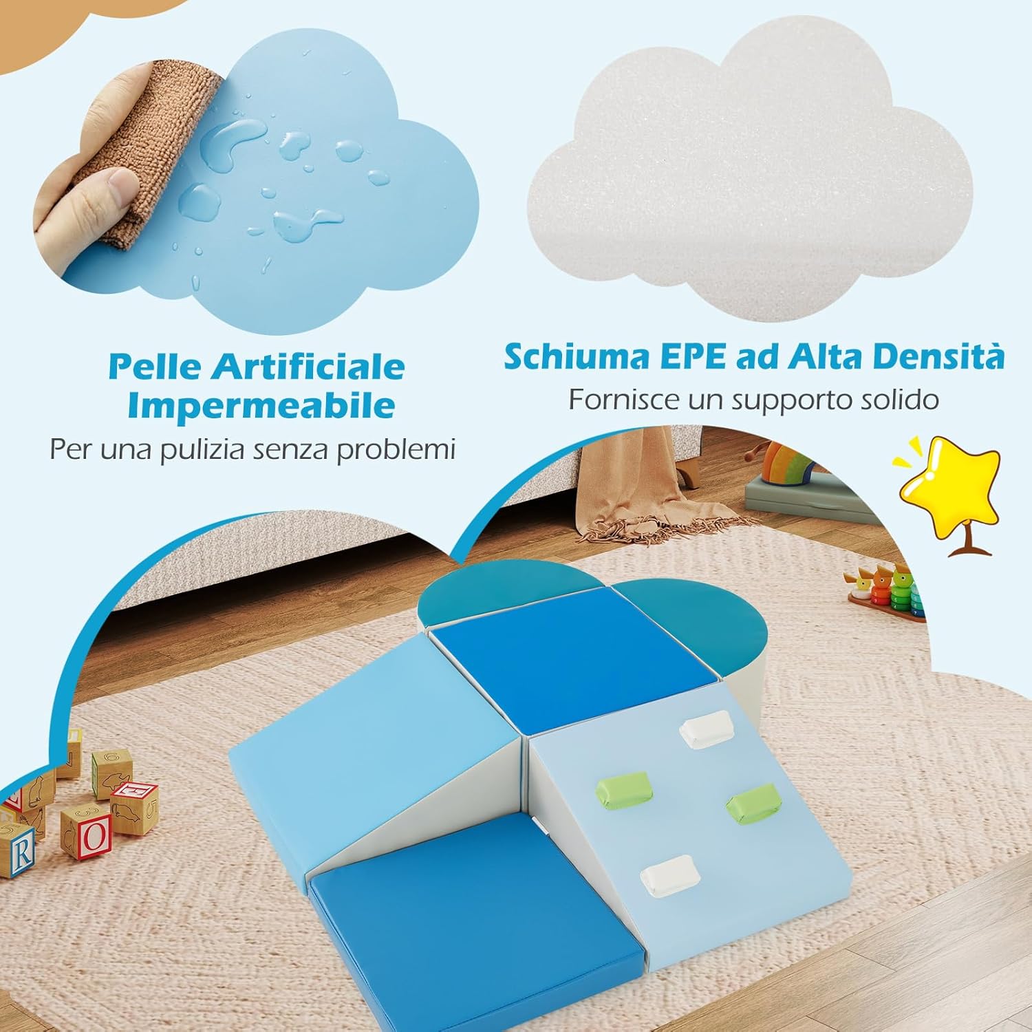 Set di 6 Blocchi di Schiuma per Arrampicata per Bambini, Blocchi in Schiuma per Arrampicarsi e Strisciare, Costruzione Mattoncini Morbidi per Bambini 12+ Mesi (Blu)