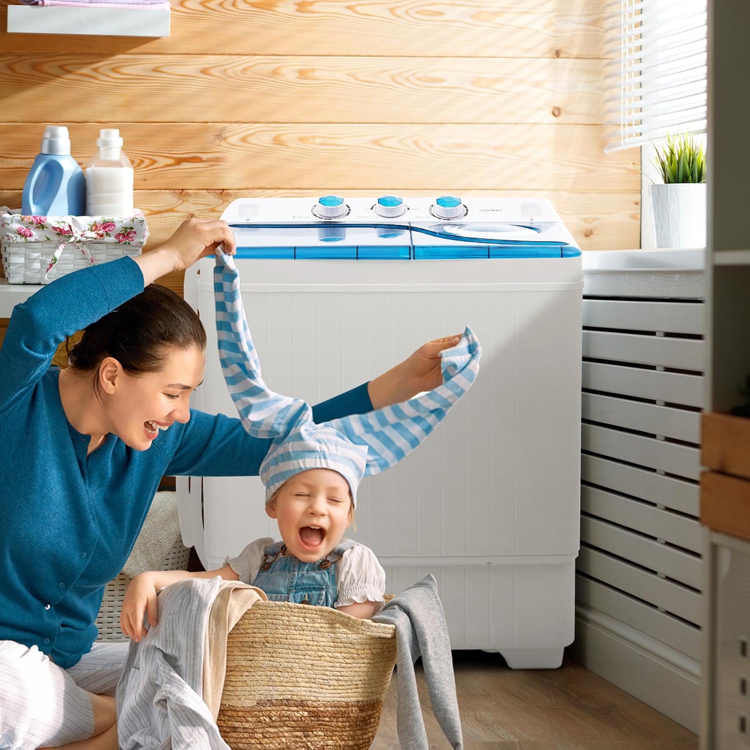 Lavatrice Portatile, Lavatrice a Doppio Cestello con Lavaggio (6,5 kg) e Centrifuga (2 kg), Ideale per Appartamento Campeggio, 69,5x41x81,5 cm (Blu) [Classe di efficienza energetica E]
