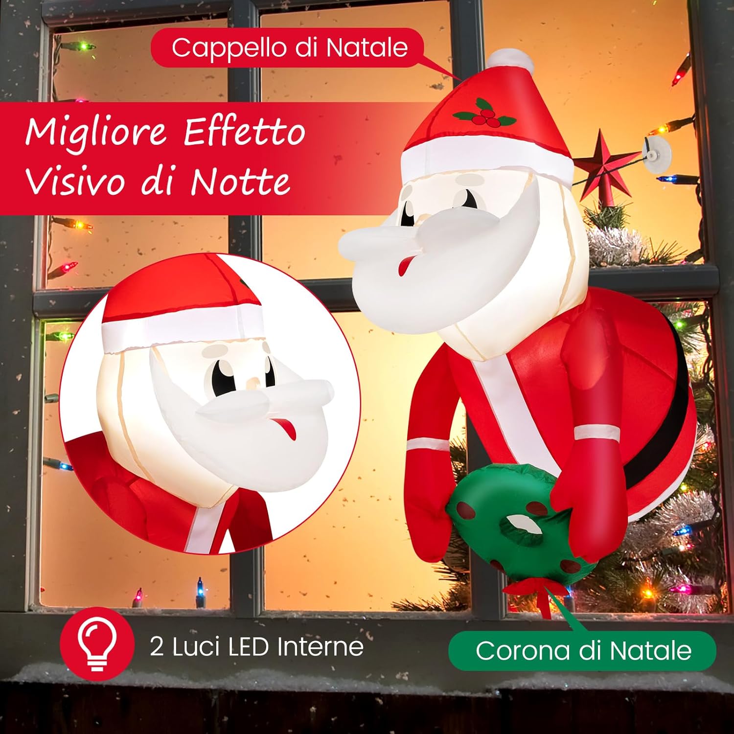 Babbo Natale Gonfiabile da 100 cm che Esce dalla Finestra, Decorazioni Natalizie Gonfiabili Appese alle Finestre con Luci LED Incorporate, per Feste, Interni, Esterni, Giardino
