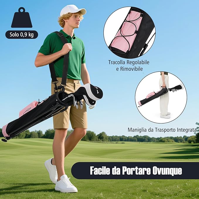 Borsa da Golf Leggera con Supporto, per Campo Pratica, Par 3 e Campi Esecutivi, Borsa da Golf con Tracolla Regolabile, Tasca e Portabottiglie per Donne e Uomini