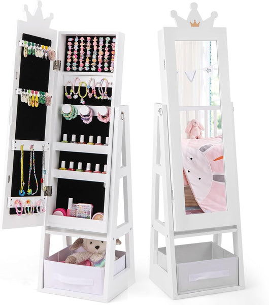Armadio Portagioie 3 in 1 per Bambini 31,5 x 30 x 115cm, Specchio a Forma di Corona con Ganci, Ripiano e Cassetto in Tessuto, Toeletta per Cameretta (Bianco)