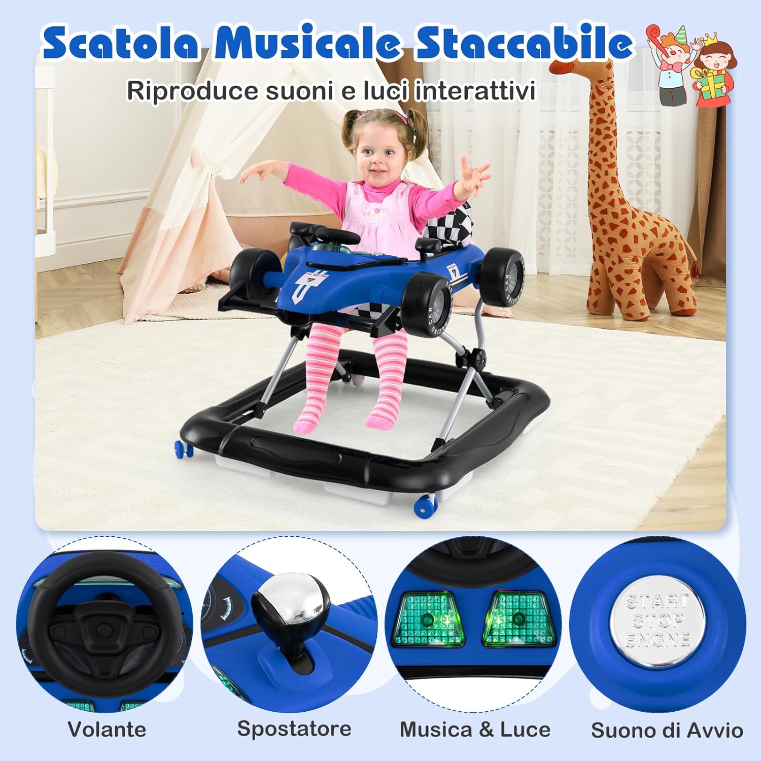 4 in 1 Girello per Bambini, Altezza Regolabile a 3 Livelli, Passeggino per Bambini, con Volante Imbottito e Scatola Musicale, Portata 12 kg, per Bambini 6-18 Mesi (Blu)