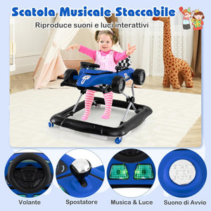 4 in 1 Girello per Bambini, Altezza Regolabile a 3 Livelli, Passeggino per Bambini, con Volante Imbottito e Scatola Musicale, Portata 12 kg, per Bambini 6-18 Mesi (Blu)