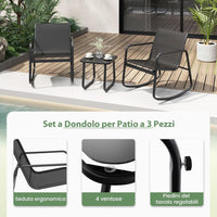 Set Tavolino e Sedie da Giardino, Set di Mobili a Dondolo, Set Bistrò 3 Pezzi, Tavolino in Vetro Temperato, Sedie in Textilene, per Giardino Cortile Piscina (Nero)
