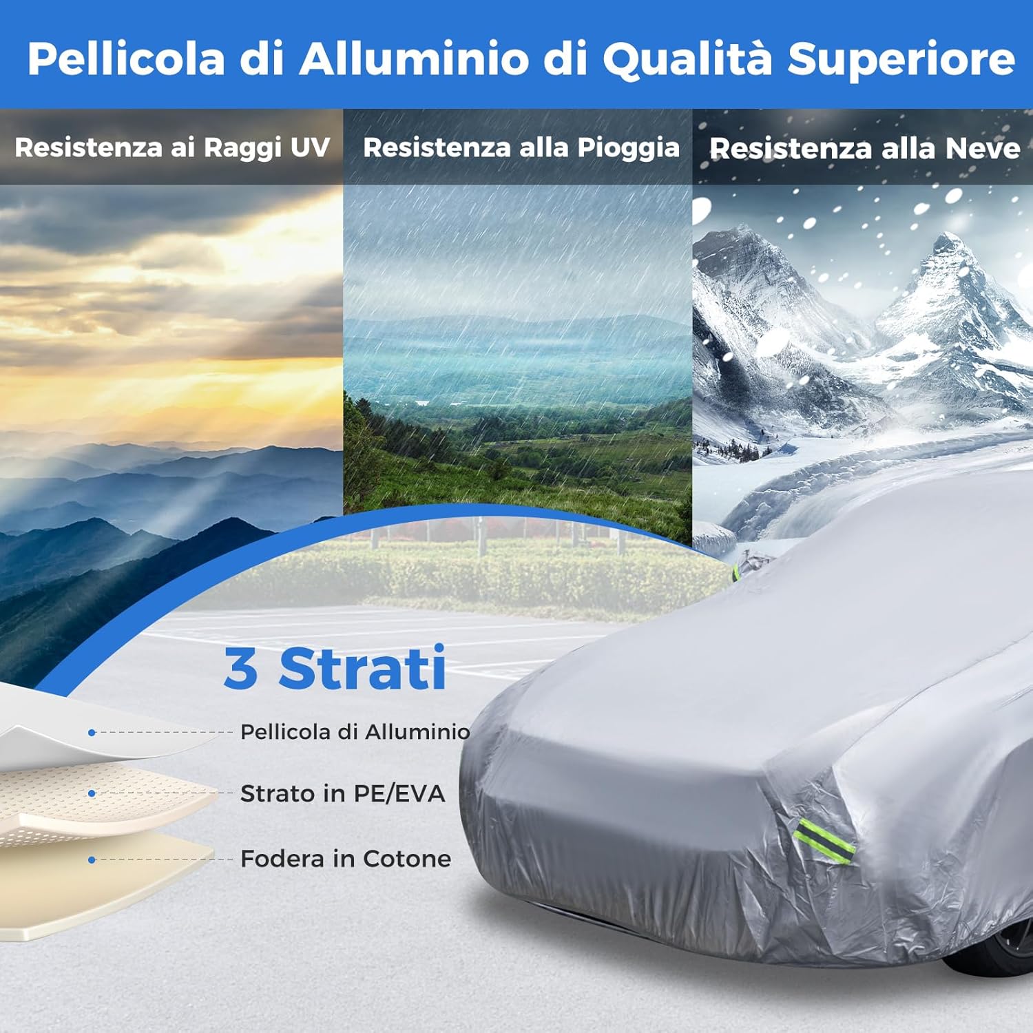 Copertura Auto con Porta a Zip, Serratura, Copertura per Auto con Strisce Riflettenti, Copertura Universale per Esterni per Auto (431 X 160 X 115cm)