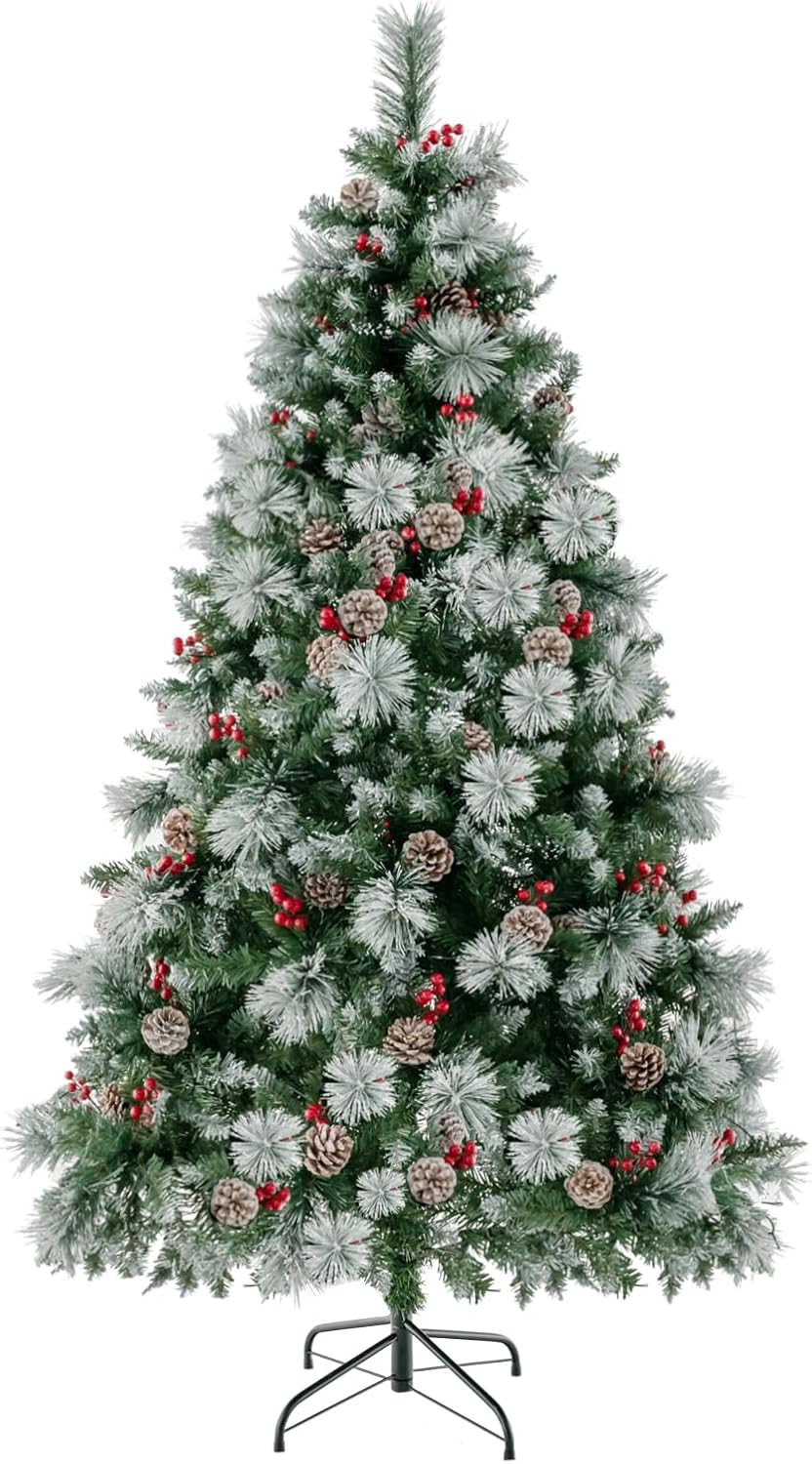 Albero di Natale Artificiale 185/215 cm Pre-Illuminato e Incernierato, con 747/1116 Punte, 350/400 Luci LED, 55/70 Pigne, 55/70 Bacche Rosse e 11 Modalità di Illuminazione (185 cm)
