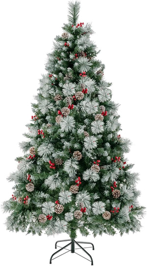 Albero di Natale Artificiale 185/215 cm Pre-Illuminato e Incernierato, con 747/1116 Punte, 350/400 Luci LED, 55/70 Pigne, 55/70 Bacche Rosse e 11 Modalità di Illuminazione (185 cm)