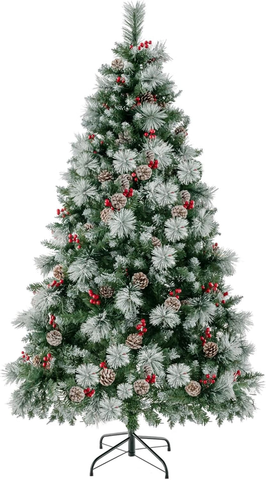 Albero di Natale Artificiale 185/215 cm Pre-Illuminato e Incernierato, con 747/1116 Punte, 350/400 Luci LED, 55/70 Pigne, 55/70 Bacche Rosse e 11 Modalità di Illuminazione (185 cm)