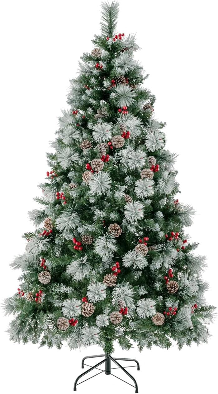 Albero di Natale Artificiale 185/215 cm Pre-Illuminato e Incernierato, con 747/1116 Punte, 350/400 Luci LED, 55/70 Pigne, 55/70 Bacche Rosse e 11 Modalità di Illuminazione (185 cm)