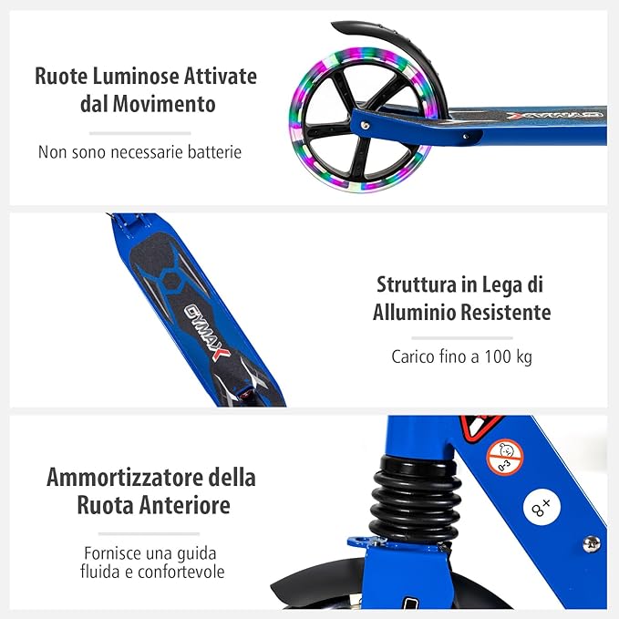 Scooter Monopattino a Spinta per Bambini Pieghevole e Regolabile in Altezza (91-106 cm), con Ruote Luminose e Cavalletto, Carico Massimo 100kg