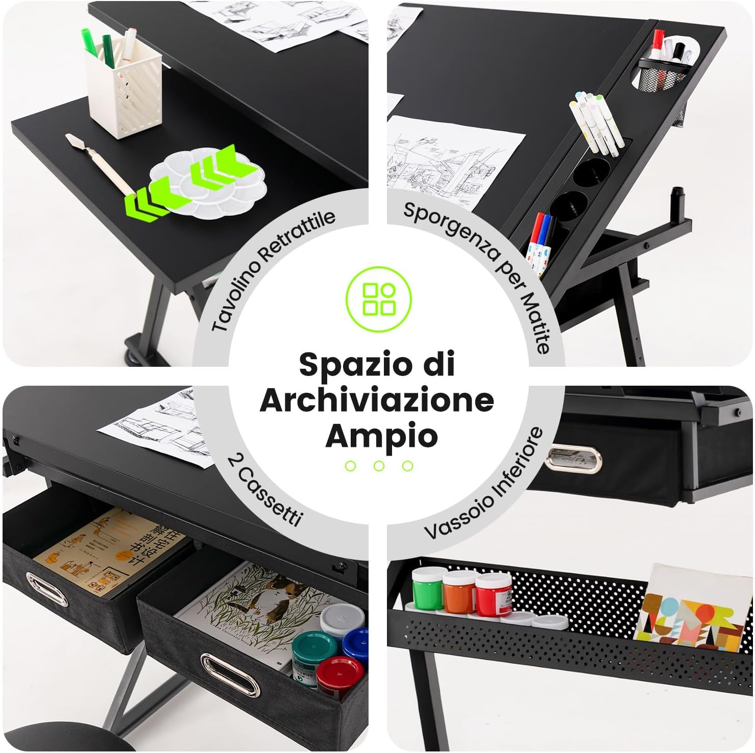 Tavolo da Disegno Scrivania per Arte con Cassetti e Sgabello, Regolabile in Altezza ed inclinabile (nero)