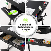 Tavolo da Disegno Scrivania per Arte con Cassetti e Sgabello, Regolabile in Altezza ed inclinabile (nero)