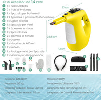1500W Pulitore a Vapore Portatile, Macchina a Vapore con Serbatoio d'Acqua da 400 ml Blocco per Bambini e Kit di Accessori da 14 Pezzi, 33x13x24,5 cm (Giallo)