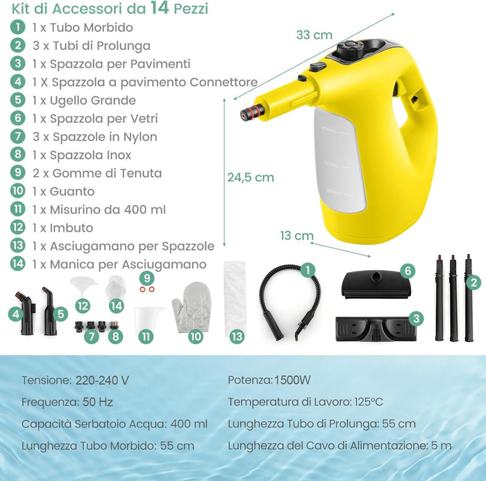 1500W Pulitore a Vapore Portatile, Macchina a Vapore con Serbatoio d'Acqua da 400 ml Blocco per Bambini e Kit di Accessori da 14 Pezzi, 33x13x24,5 cm (Giallo)