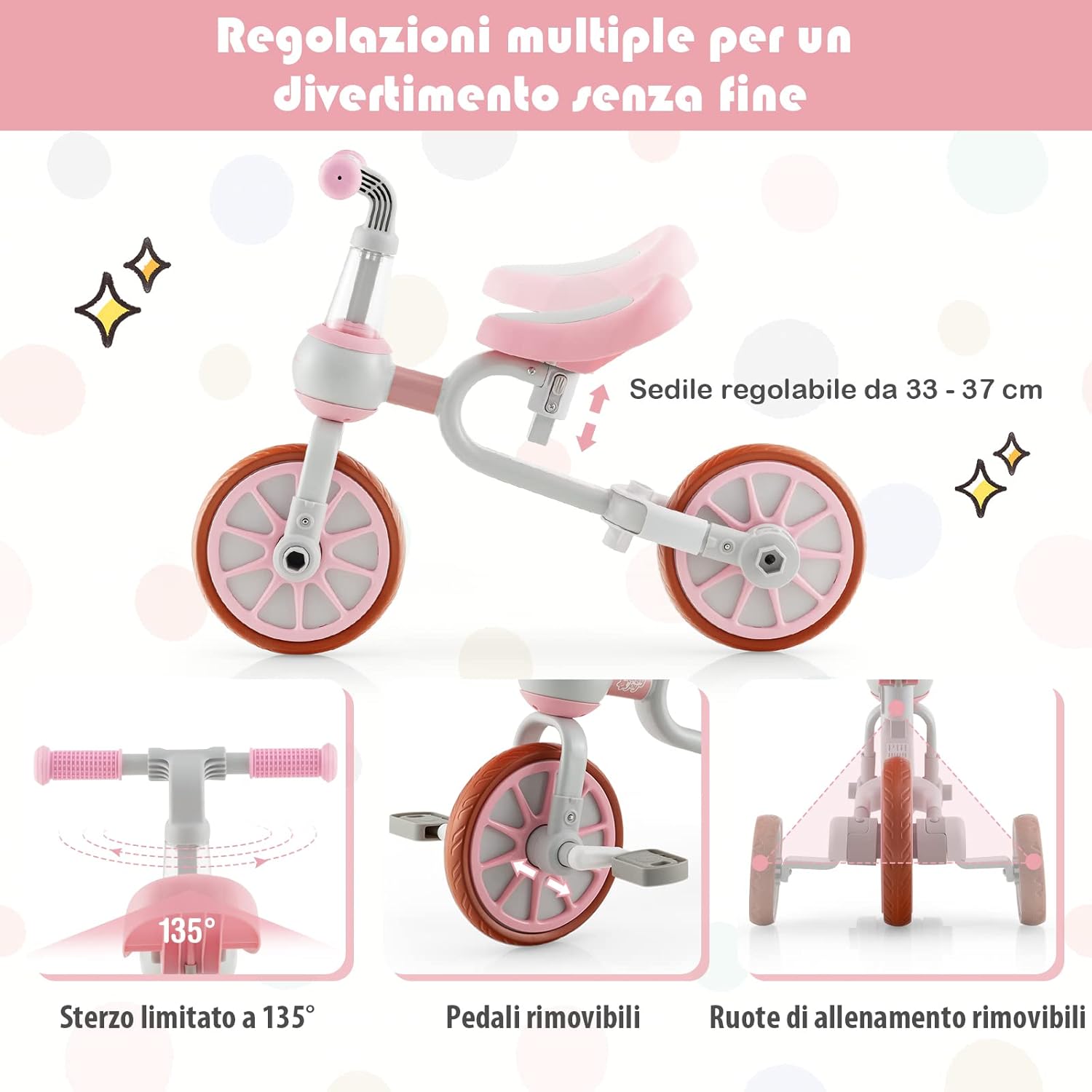 4 in 1 Triciclo per Bambini con Maniglia di Spinta, Triciclo per Bambini Bicicletta Equilibrio con Maniglia, Sedile Regolabili e Pedali Rimovibili, per 2-4 anni (Rosa)