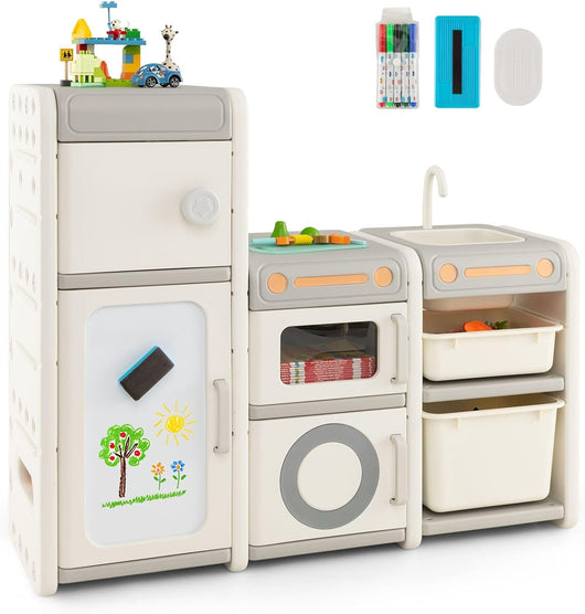 Mobile Porta Giochi per Bambini, Scaffale e Libreria Giochi Multiuso con Lavagna Magnetica Lavello e Rubinetto Rimovibili, Ante e Contenitori, Mobile per Bambini con Pennarelli e Cancellino