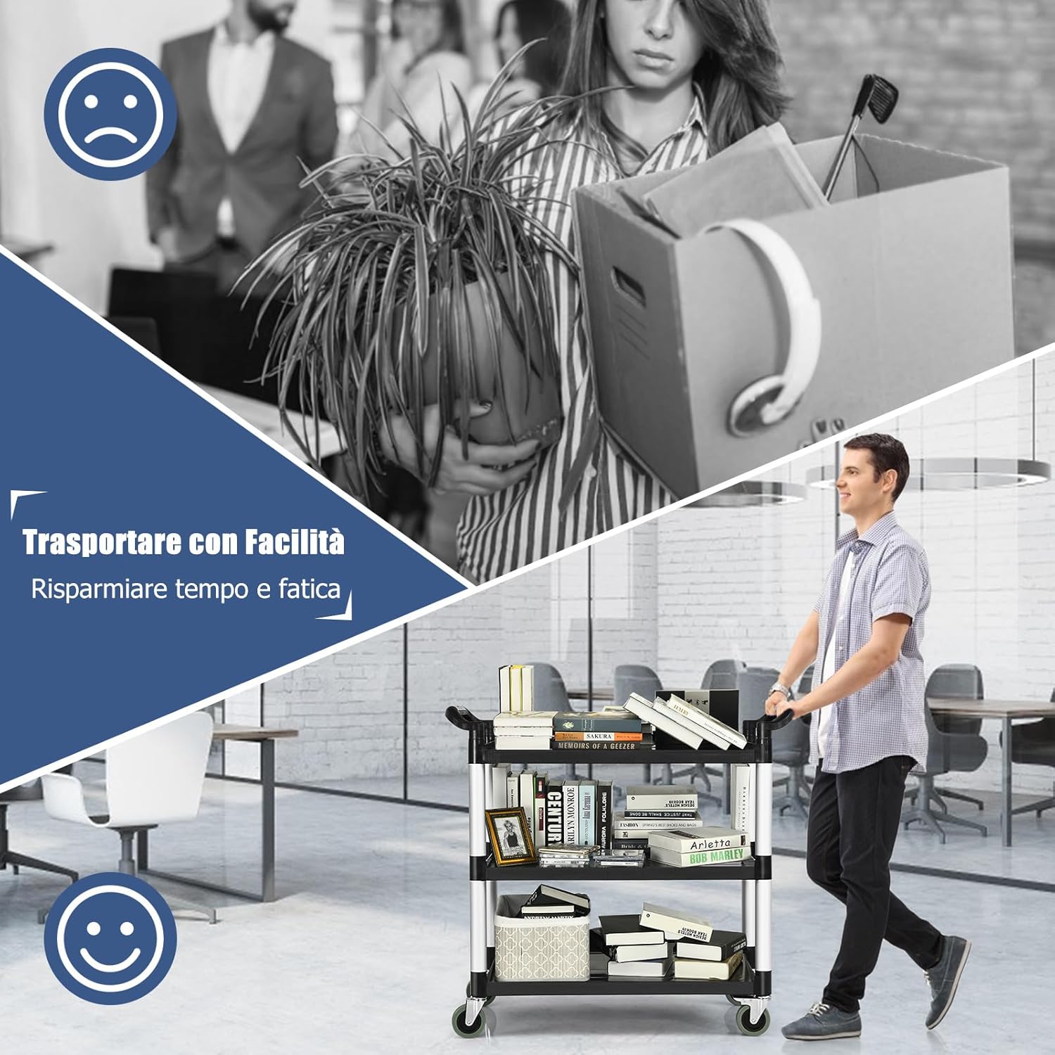 Carrello di Servizio a 3 Ripiani, Carrello Multiuso con Maniglie Ampio Spazio e Ruote Flessibili con Freni, Adatto a Ufficio Ristorante Casa Officina, 103x49x98 cm