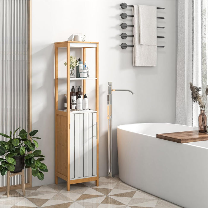Armadio da Bagno, Mobile Alto 129 cm con Anta, Mobile Salvaspazio e Multiuso in Bambù con Ripiani Regolabili, per Soggiorno Bagno