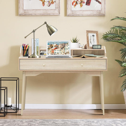 Scrivania con Cassetto, Tavolo per Casa e Ufficio con Gambe Resistenti in Legno di Gomma e 2 Scompartimenti, Ideale per Salone Studio Camera da Letto, 120 x 50 x 93 cm (Naturale)