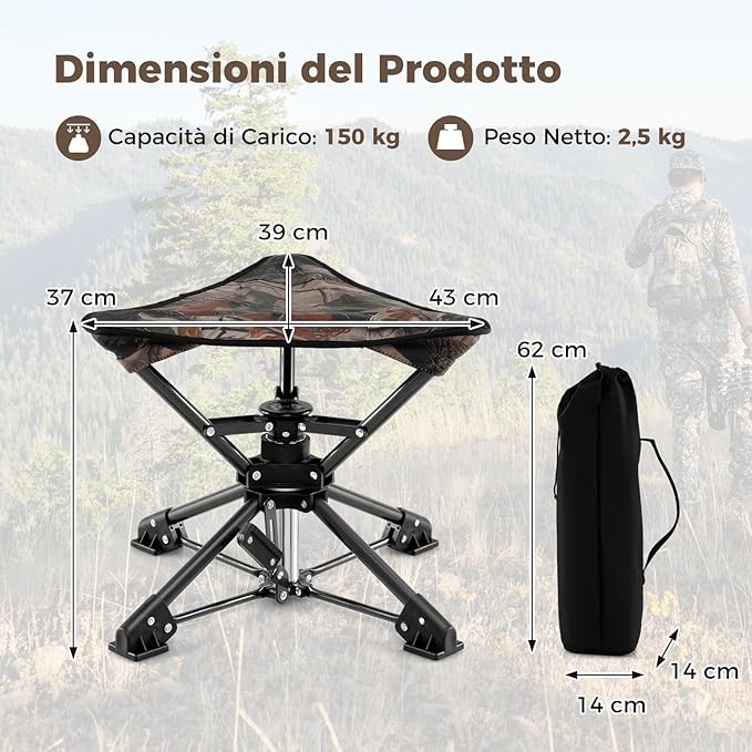 Sgabello da Campeggio Pieghevole, Sedia da Caccia Girevole a 360° con Piedi Anti-Affondamento, Borsa da Trasporto Compatta e Leggera, Piccolo Sgabello da Esterno Portara 150 kg (Mimetico)