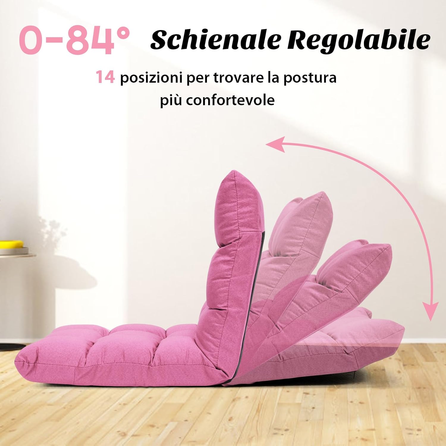 Sedia da Terra, Sedia da Pavimento con Posizioni Regolabili, Sedia Reclinabile Imbottita con Struttura in Acciaio Durevole, Facile da Conservare, Ideale per Salone Studio e Camera (Rosa)