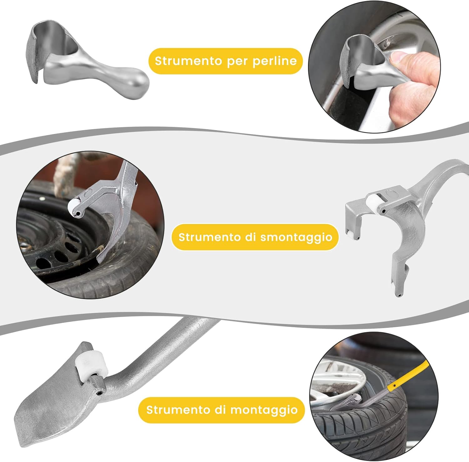 Strumento di Montaggio e Smontaggio Pneumatici Cambia Gomme da 44 cm a 62 cm, 3 PCS Strumenti Manuali con Supporto per Tallone in Acciaio per la Riparazione di Auto (Giallo)