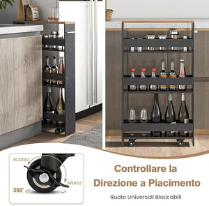 Carrello Portaoggetti da Cucina, Scaffale con Maniglia Laterale e Ruote, Carrello Salvaspazio con 3 Scaffali Stretti, 47,5x13x80,5 cm (Naturale+Grigio)