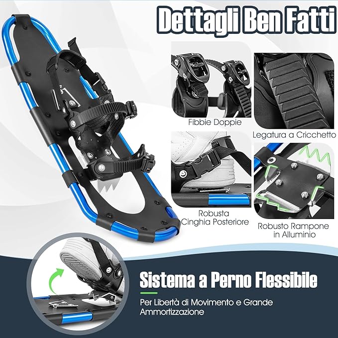 Set 4 in 1 Ciaspole da Neve 53/63/78 cm per Uomini, Donne e Ragazzi con Sistema di Fissaggio, Telaio in Alluminio, Bastoncini da Trekking, Ghette Gambe Impermeabile e Borsa