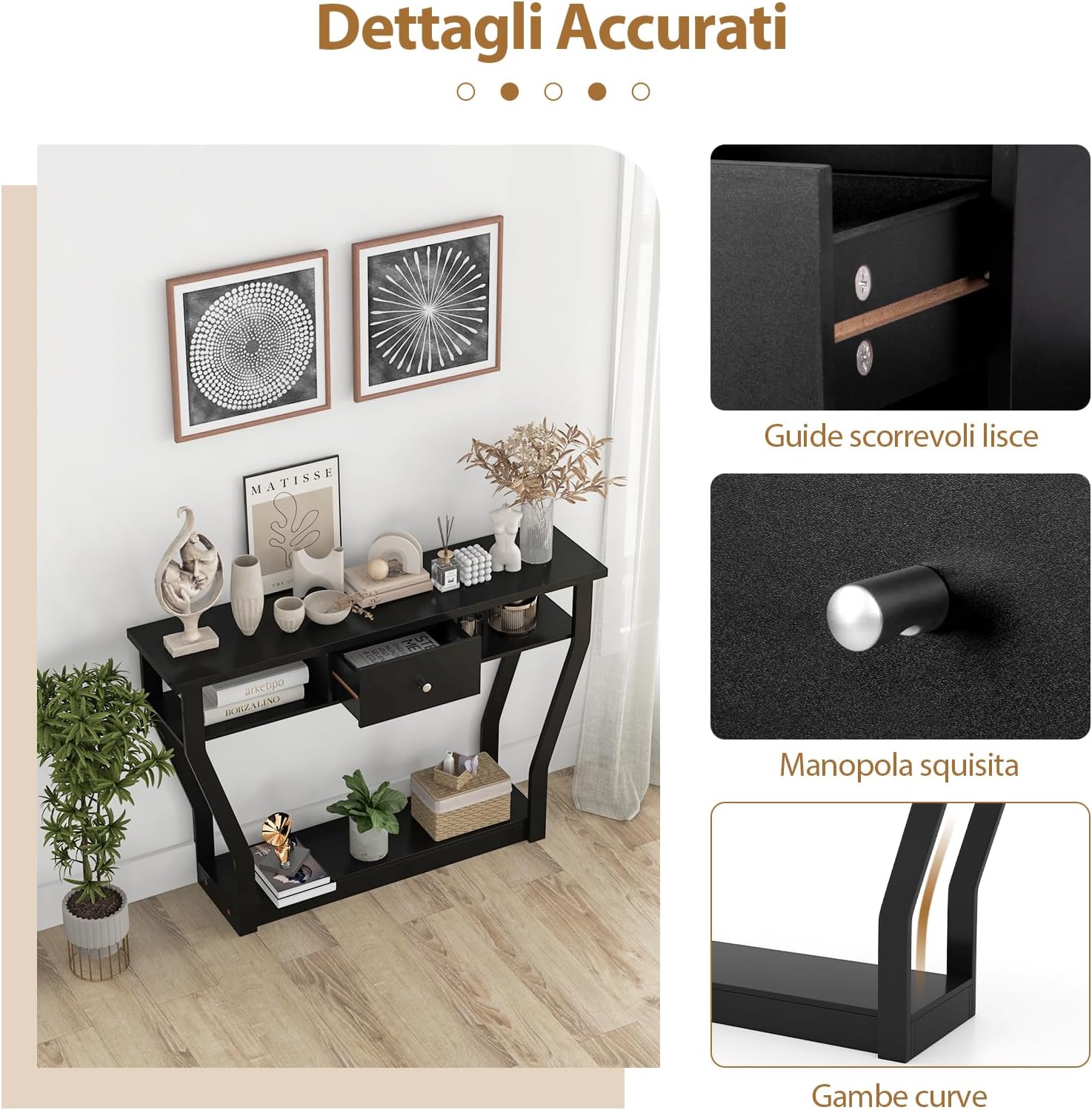 Tavolo Consolle in Legno, Consolle con Cassetto e Ripiani, Tavolo d'Ingresso Multiuso per Salotto, Corridoio e Entrata 120 x 30 x 81 cm (Nero)