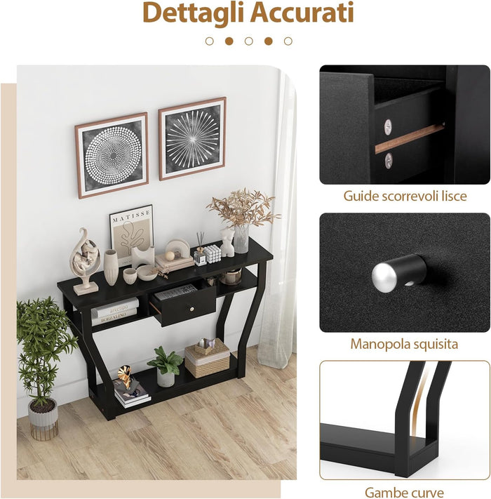Tavolo Consolle in Legno, Consolle con Cassetto e Ripiani, Tavolo d'Ingresso Multiuso per Salotto, Corridoio e Entrata 120 x 30 x 81 cm (Nero)