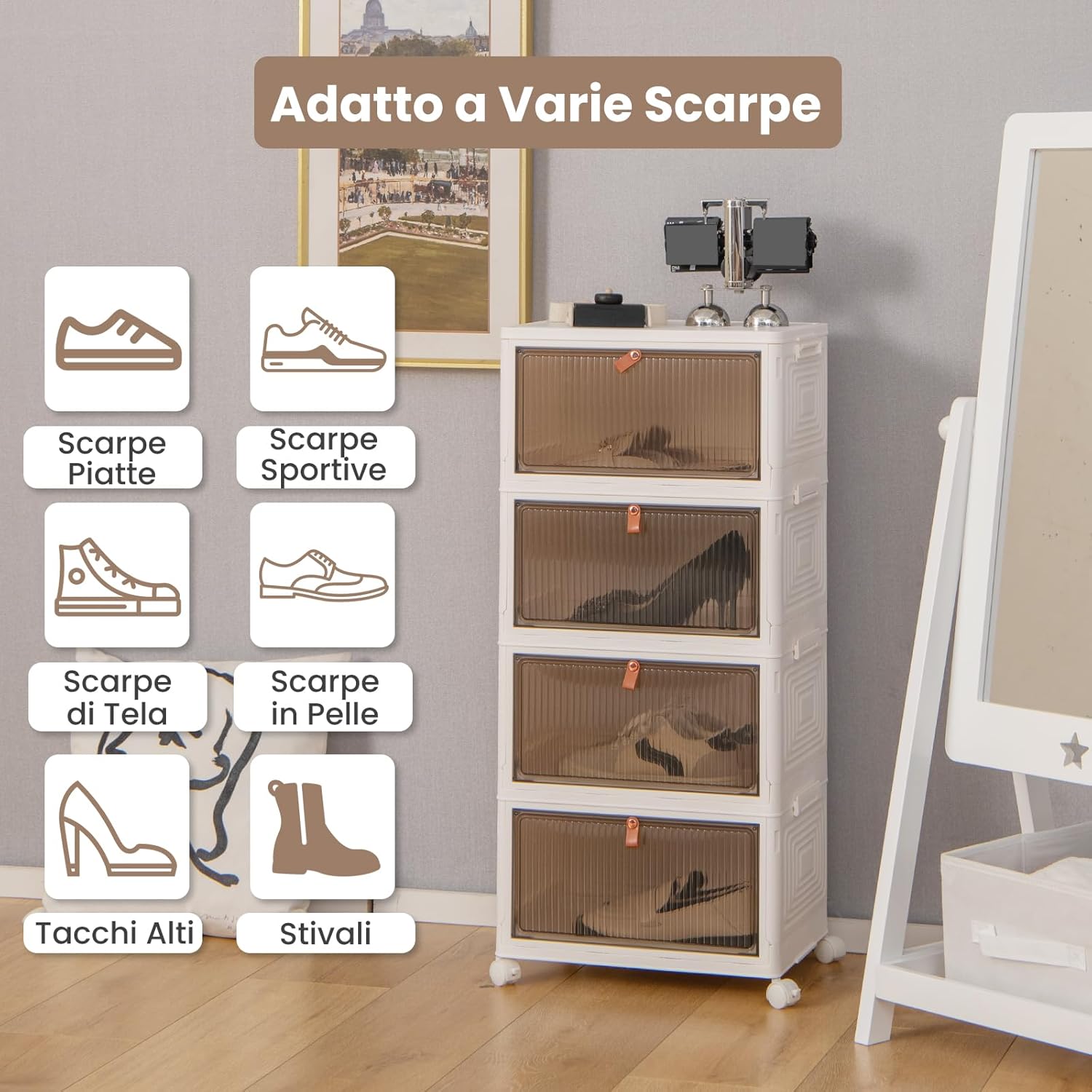 Scarpiera Pieghevole a 3/4/6 Piani, Mobile Multiuso Impilabile con Porte Trasparenti Magnetiche e Ruote Piroettanti Bloccabili, Contenitore con Coperchio per Cibi Giocattoli Abiti (4 Piani)