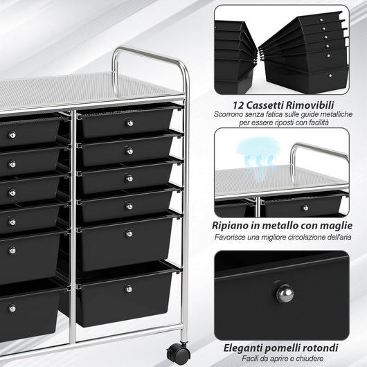Carrello con 12 Cassetti con Ruote, Ideale per Ufficio e Domestico, 73,5 x 37 x 63 cm (Nero)
