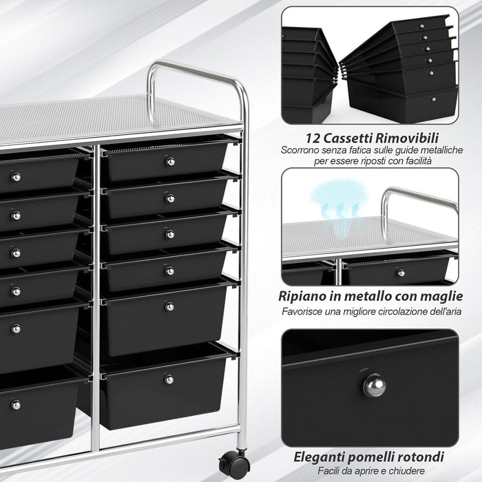 Carrello con 12 Cassetti con Ruote, Ideale per Ufficio e Domestico, 73,5 x 37 x 63 cm (Nero)