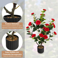 Albero di Camelia Artificiale da 95 cm, Pianta Artificiale con Fiori Finti in Vaso di Cemento, Decorazione per Casa e Ufficio (Rosso)
